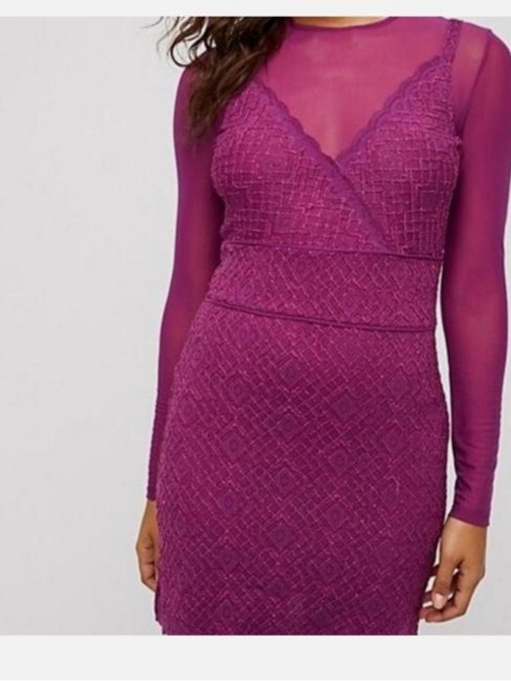 Long Sleeve Lace-Overlay Bodycon Dress in Plum